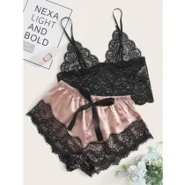 Women's Lace Camisole Bowknot Shorts Pajamas Simulation Silk Home Service Sexy Underwear
