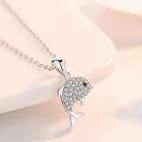 Sterling Silver Zircon Diamonds Dolphin Love Animal Clavicle Pendant Chain Jewelry Necklace