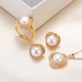 Jewelry Freshwater Pearl Diamante Pendant Necklace and Ring Earrings Set