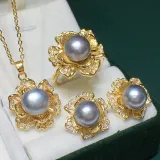 Mother's Day Gift Freshwater Pearl Flower Diamante Necklace Ring and Earrings Jewelry Set