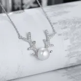 Sterling Silver Antlers Zircon Diamond Pearl Pendant Chain Jewelry Necklace