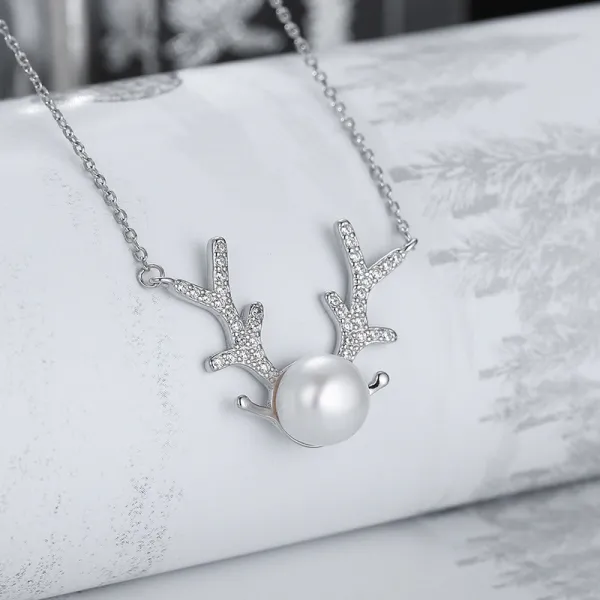 Sterling Silver Antlers Zircon Diamond Pearl Pendant Chain Jewelry Necklace