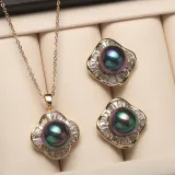Mother's Day Gift Diamante Shell Pearl Flower Necklace Earrings Jewelry Set with Box