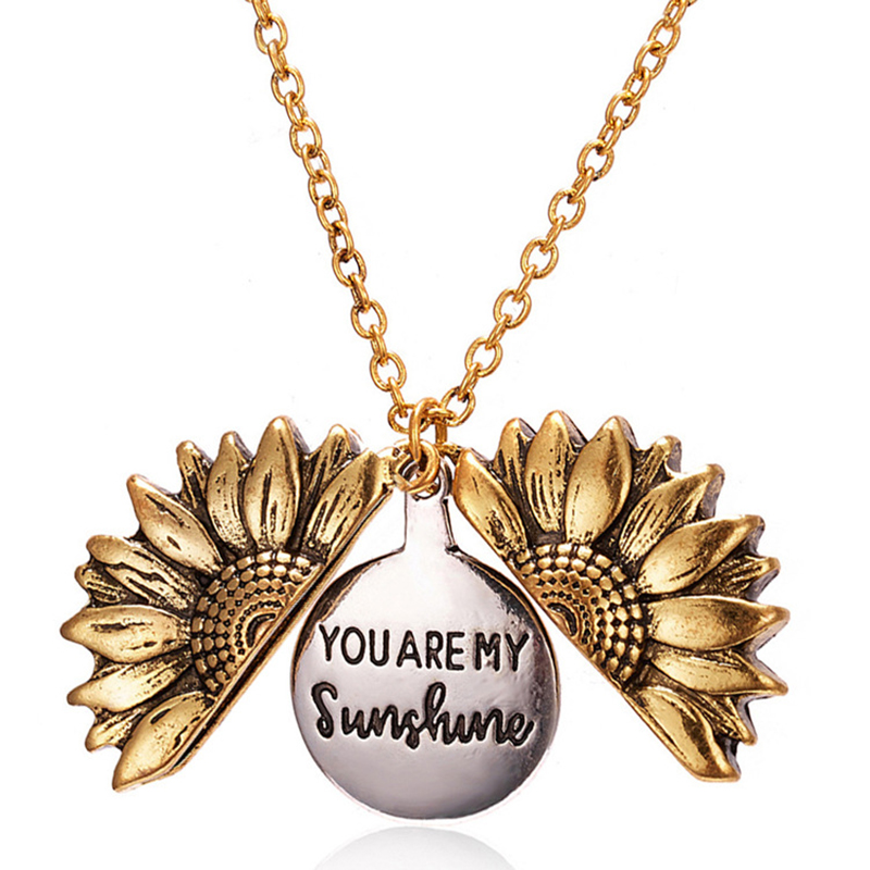You Are My Sunshine Engraved Sunflower Locket Necklace Jewelry