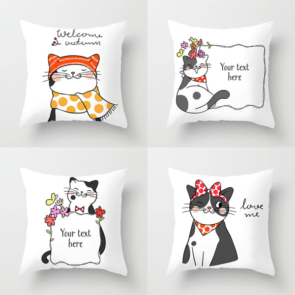 4PCS Home Cotton Decorative Cartoon Cat Throw Pillow Case Cushion Covers For Sofa Couch Bed Chair