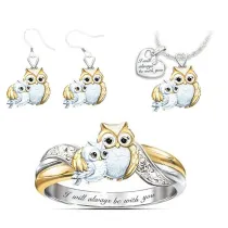 Owl Ring Necklace Earring Jewelry Set Mom Always With You Crystal Best Gifts With Box for Mom