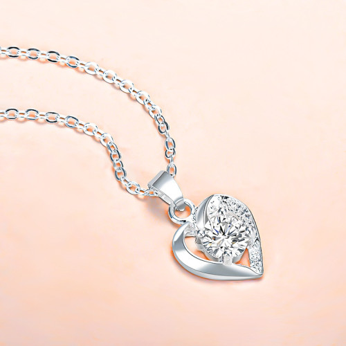 Sterling Silver Zircon Diamond Love Heart Pendant Chain Jewelry Necklace