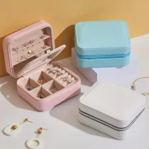 Rectangle Zipper Type PU Leather Jewelry Box with Mirror For Girls and Women