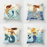 4PCS Home Cotton Decorative Ocean Mermaid Throw Pillow Case Cushion Covers For Sofa Couch Bed Chair