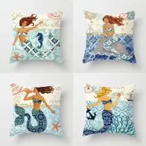 4PCS Home Cotton Decorative Ocean Mermaid Throw Pillow Case Cushion Covers For Sofa Couch Bed Chair