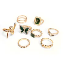 8PCS Butterfly Snake Vintage Gold Plated Boho Green Knuckle Stackable Finger Rings Set