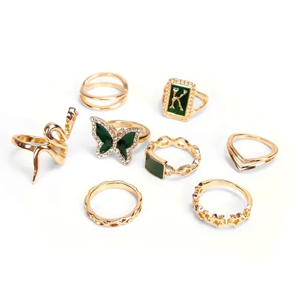 8PCS Butterfly Snake Vintage Gold Plated Boho Green Knuckle Stackable Finger Rings Set
