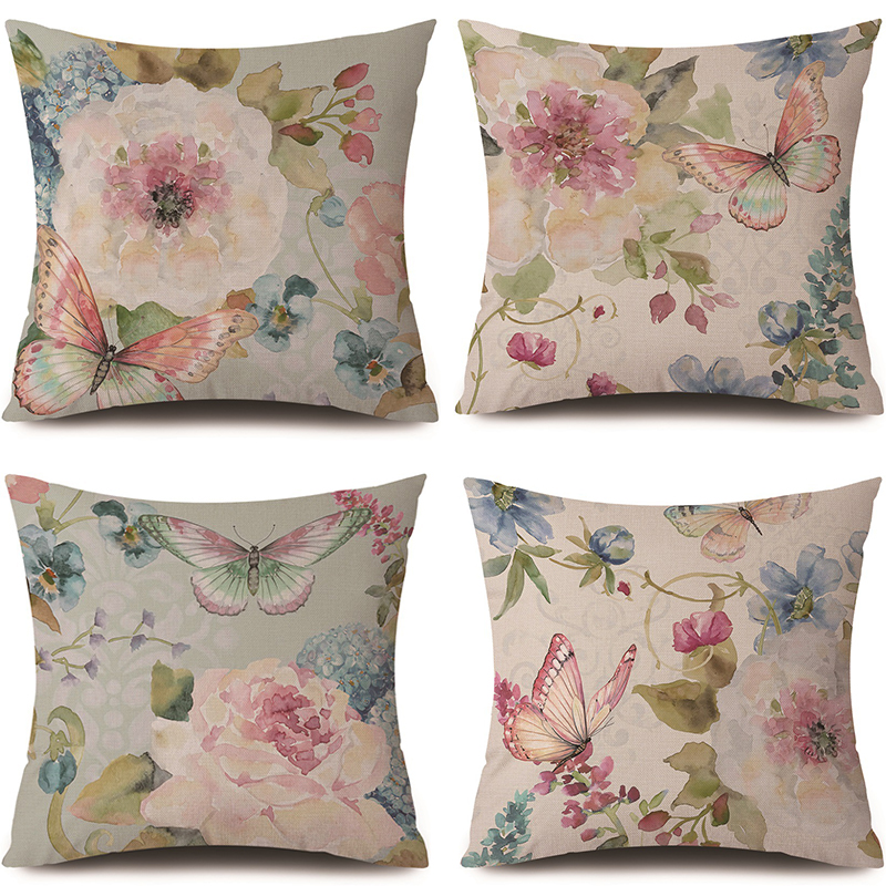 4PCS Home Cotton Decorative Spring Flower and Butterfly Throw Pillow Case Cushion Covers For Sofa Couch Bed Chair