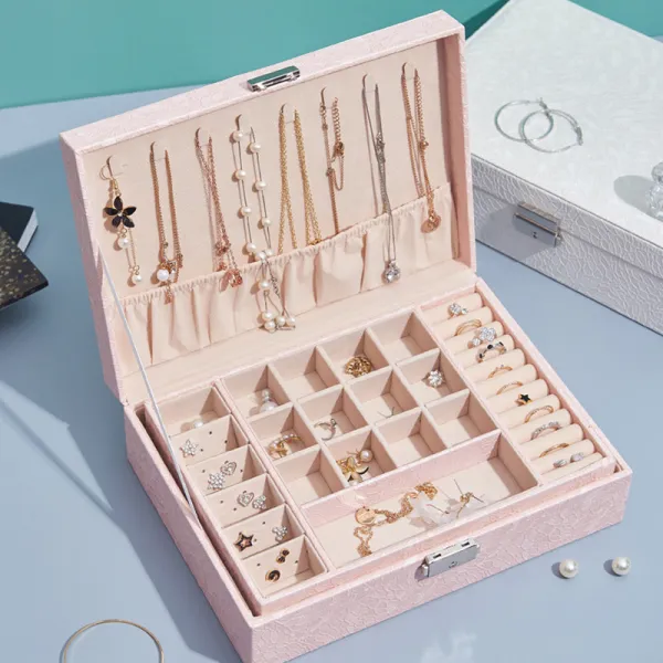 Two Layer Printing PU Leather Jewelry Box with Lock For Girls and Women