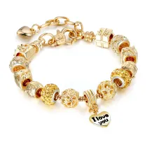 Women's Golden Heart I Love You Golden Gift Box Zircon Crystal Charm Chain Jewelry Bracelet