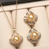 Mother's Day Gift Diamante Shell Pearl Flower Necklace Earrings Jewelry Set with Box