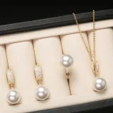 Mother's Day Gift Diamante Shell Pearl Necklace Ring and Earrings Jewelry Set With Box