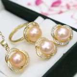 Freshwater Pearl Clover Diamante Necklace Ring and Earrings Jewelry Set Gift For Mother's Day