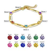 Birthstones Adjustable Bracelet with 6 Name Engraved Custom Gift For Mom Friends