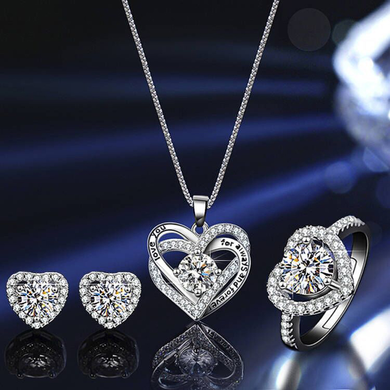 Jewelry Necklace Earrings Ring Heart Diamond Set With Gift Box
