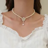 3PCS Pearl Jewelry Flower Necklace Brooch and Earrings Set Mom Gift For Mother's Day