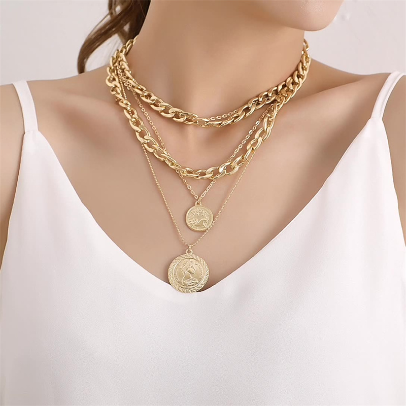 Multilayer Circle Card Pendant Chain Jewelry Necklace