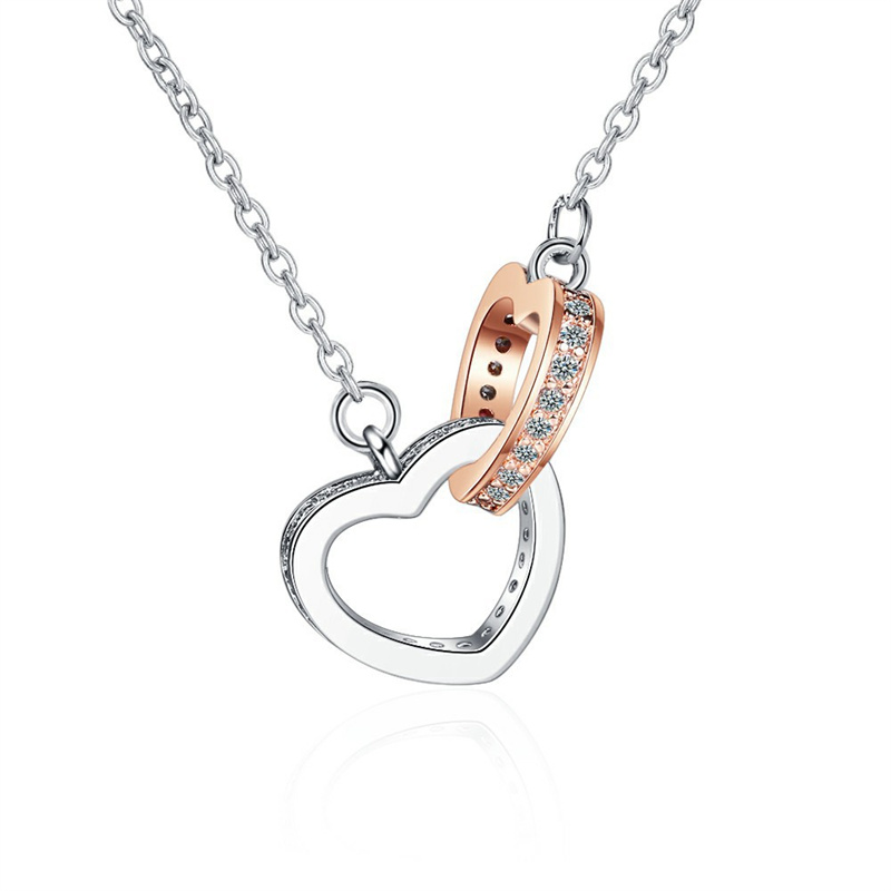 Full Drill Silver Rose Gold Double Heart Ring Diamond Pendant Chain Jewelry Necklace