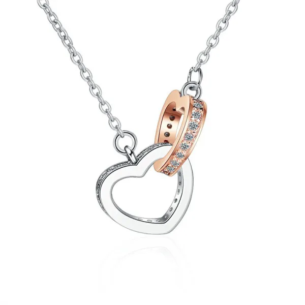 Full Drill Silver Rose Gold Double Heart Ring Diamond Pendant Chain Jewelry Necklace