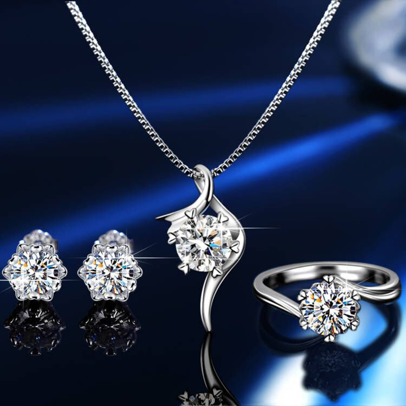 Silver Necklace Earrings Ring Six Claw Diamond Set With Gift Box