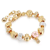 Women's Light Gold Alloy Large Beads Flower Bracelet Chain Charm Jewelry
