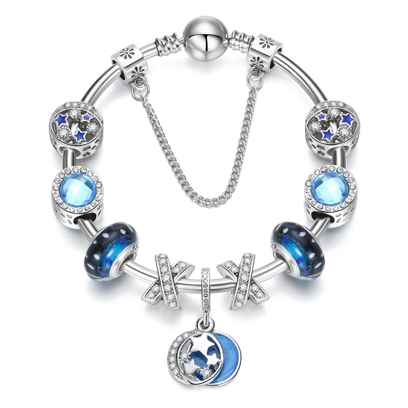 Women Blue Star Silver Beaded Zircon Diamond Crystal Charm Bracelet Bangle