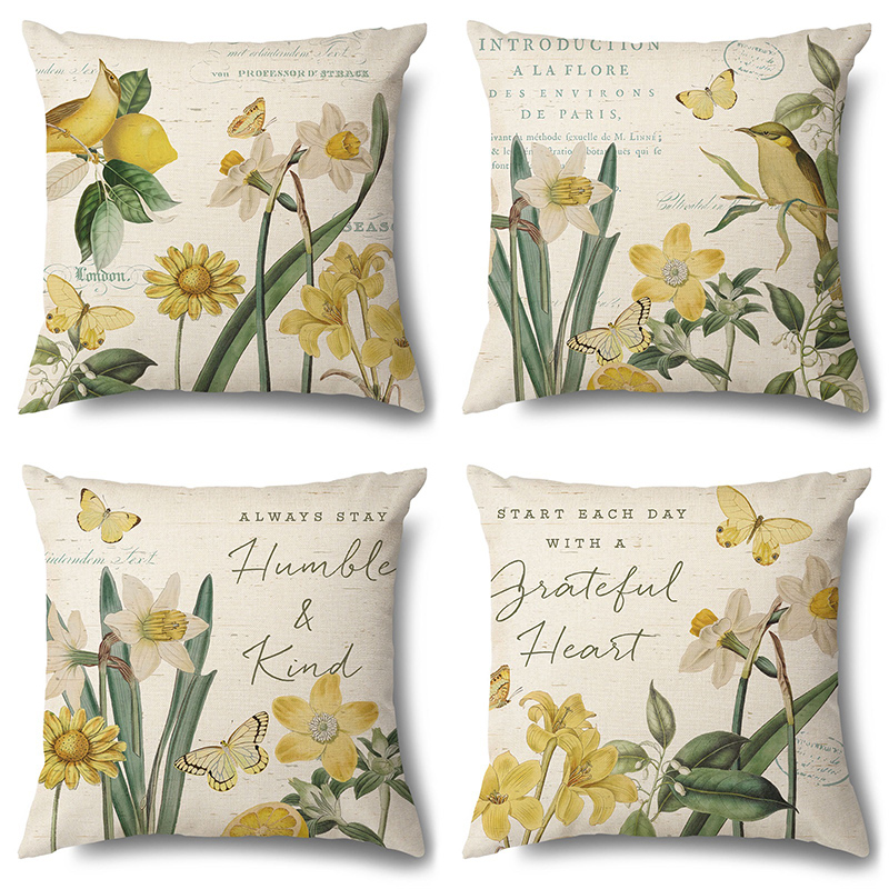 4PCS Yellow Sunflowers Home Cotton Decorative Throw Pillow Case Cushion Covers