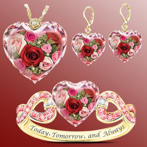Heart Crystal Rose Flower Ring Necklace Earring Jewelry Set Crystal Gifts With Box for Mom