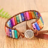 Handmade Bohemian Natural Stones Sunflower Button Adjustable Leather Bracelet for Women and Girls