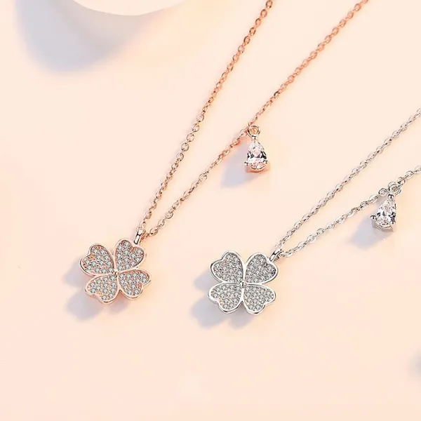 Sterling Silver Good Luck Four Leaf Clover Clavicle Pendant Chain Jewelry Necklace