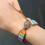 Handmade Bohemian Natural Stones Sunflower Button Adjustable Leather Bracelet for Women and Girls