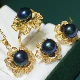 Mother's Day Gift Freshwater Pearl Flower Diamante Necklace Ring and Earrings Jewelry Set