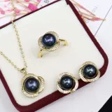 Freshwater Pearl Clover Diamante Necklace Ring and Earrings Jewelry Set Gift For Mother's Day