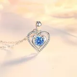 Sterling Silver Zircon Ocean Heart Pendant Chain Jewelry Necklace