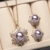 Mother's Day Gift Jewelry Set Flower-Shaped Cubic Zirconia Pearl Necklace and Earring with Box