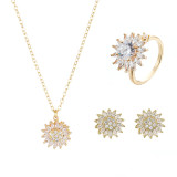 Gold Sunflower Clover Windmill Rotating Opening Ring Necklace Earring Jewelry Set