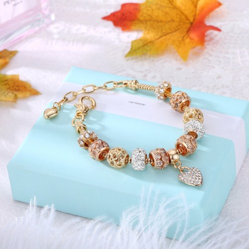 Women's Gold Zircon Diamond Beads Love Heart Bracelet Chain Charm Jewelry