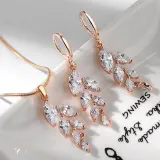 2PCS Leaf Diamond Earring Necklace Jewelry Set Crystal Gift For Women Girls