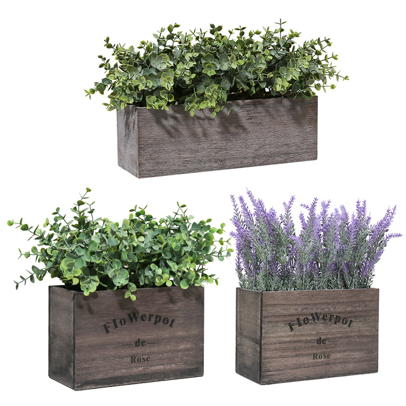 Artificial Lavender Plant Combination Flowerpot Wooden Potted Landscape Decoration