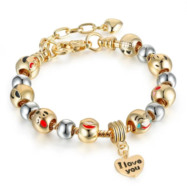 Women's Emoji Icon Gold Silver Round Beads I Love You Heart Gold Bead Charm Chain Jewelry Bracelet