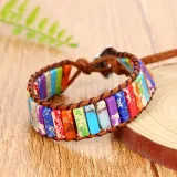 Handmade Bohemian Natural Stones Sunflower Button Adjustable Leather Bracelet for Women and Girls