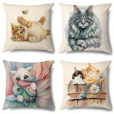 4PCS Home Cotton Decorative Cute Cartoon Cat Throw Pillow Case Cushion Covers For Sofa Couch Bed Chair