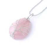 Drop-shaped Natural Crystal Stone Silver Tree of Life Chain Jewelry Necklace