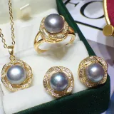 Freshwater Pearl Flower Necklace Ring and Earrings Jewelry Set Mom Gift For Mother's Day