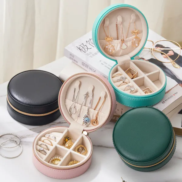 Circular Zipper Type PU Leather Jewelry Box For Girls and Women